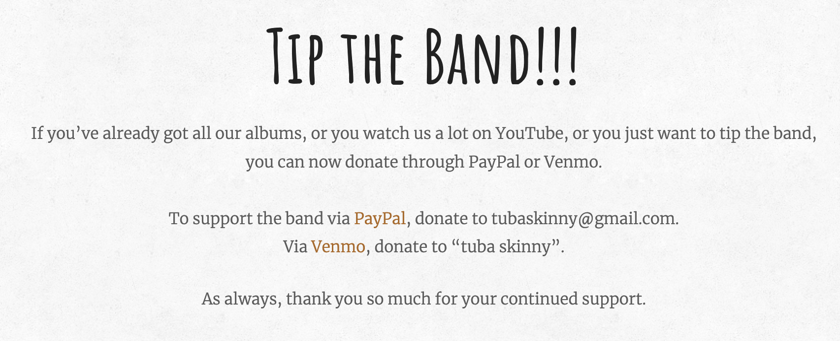 Tip The Band – capture écran du site web de Tuba Skinny